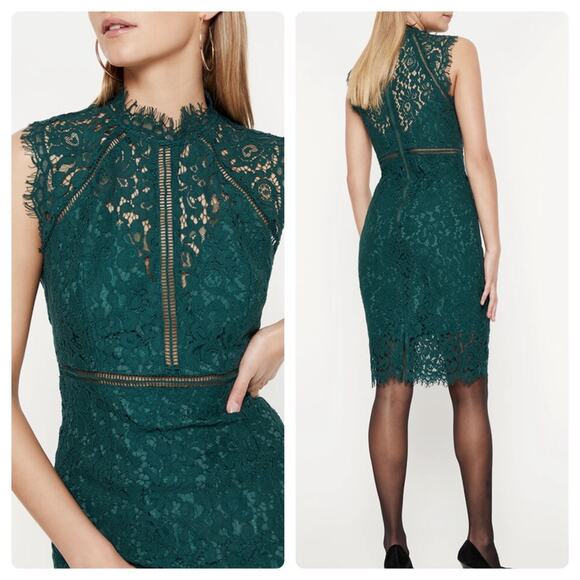 Bardot Lace Panel Sheath Dress Forest Green - Picture 1 of 16